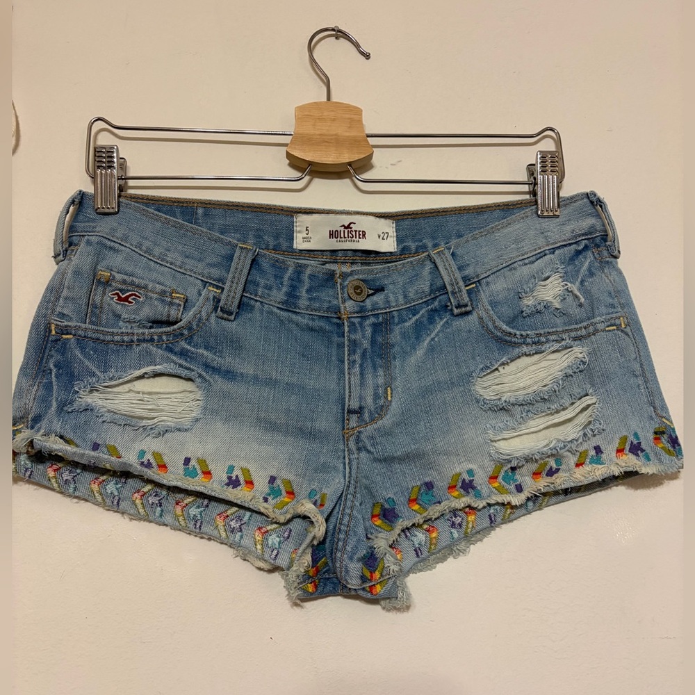 Hollister Light Blue Distressed Denim Shorts with Rainbow Chevron Trim